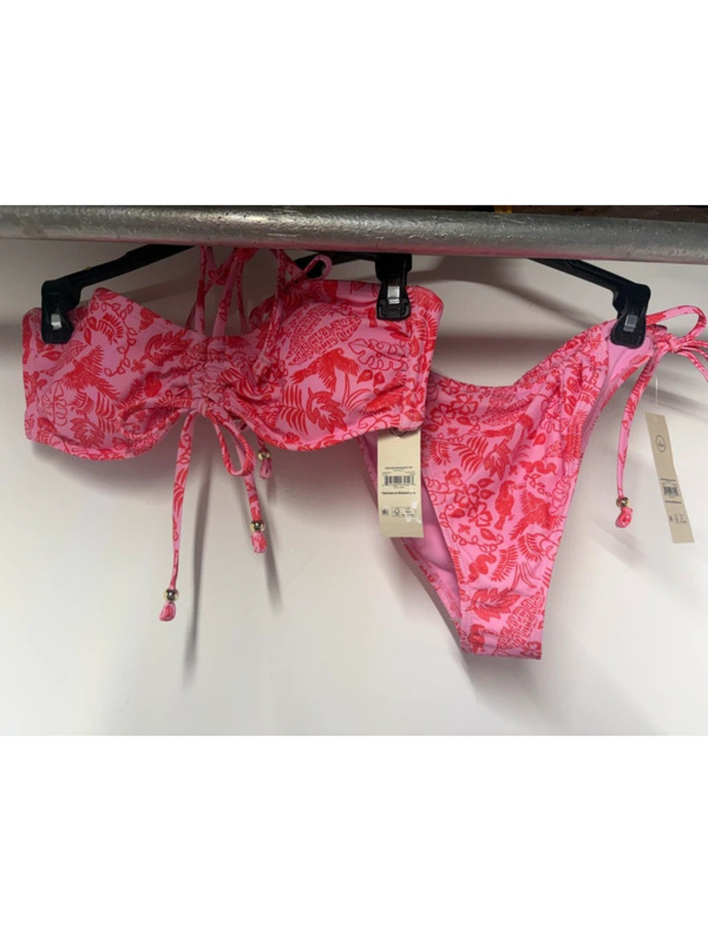 Pink 2 Piece Bikini Bandeau Style Top & Side Tie Bottoms Women’s Size L (New)